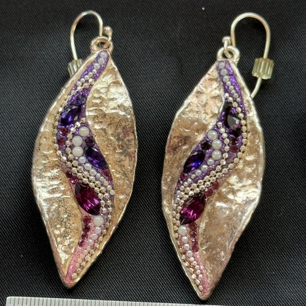 Vintage 925 Israeli Silver Hammered Leaf Design amethyst and pearls Bobo artisan